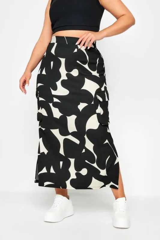 YOURS Curve Black Abstract Print Textured Maxi Skirt