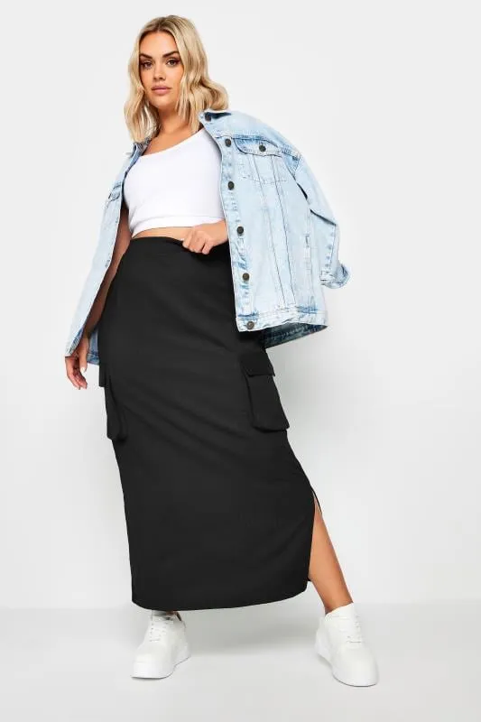 YOURS Curve Black Textured Utility Maxi Skirt