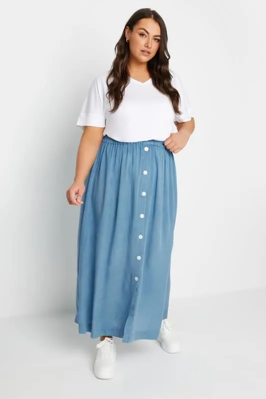 YOURS Curve Blue Chambray Button Maxi Skirt